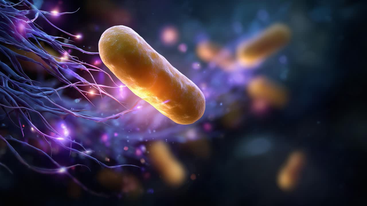 Microscopic View of Bacteria Interacting with Nerve Cells in an Abstract, Colorful Background Highlighting Biological Processes in a Vibrant Environment