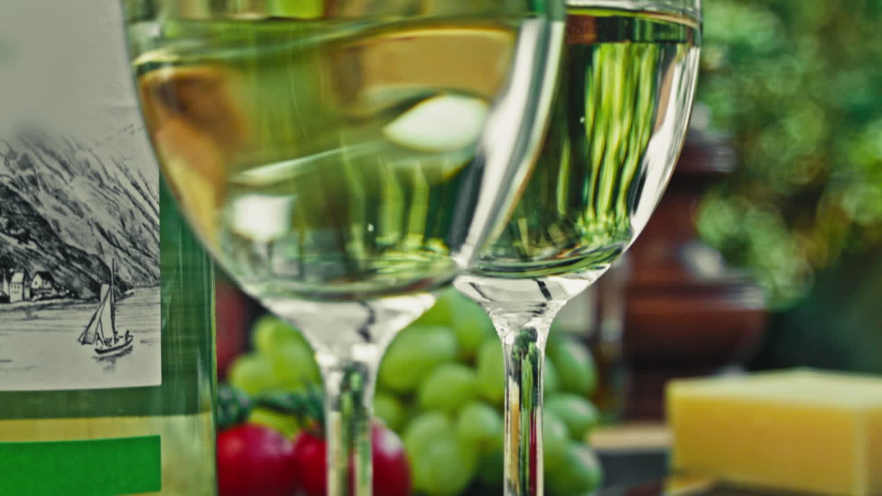 subiendo y revelando dos copas de delicioso vino blanco y una botella en una mesa de madera con uvas, queso y tomates en el jardín en un día soleado