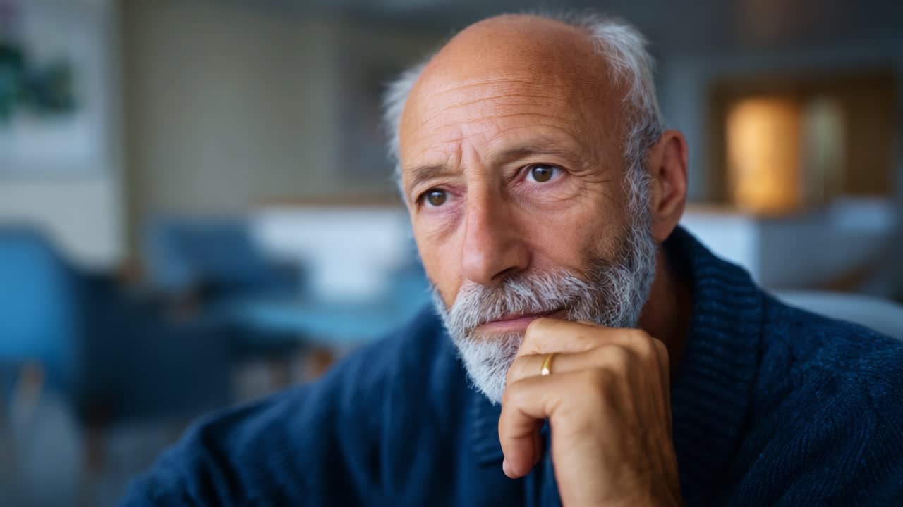 Pensive Elderly Man with a Thoughtful Expression in a Calm Indoor Setting, Radiating Wisdom and Experience through His Contemplative Gaze
