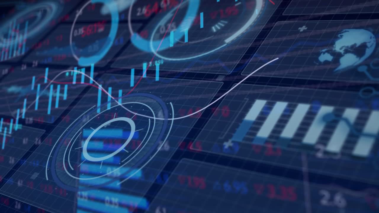 Tilted grid initiating, finance HUD visualizing market movement, trendline sweeping, candles rising