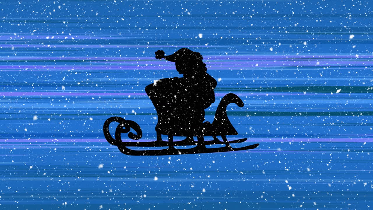 Digital animation of snow falling over silhouette of santa claus in sleigh against light trails