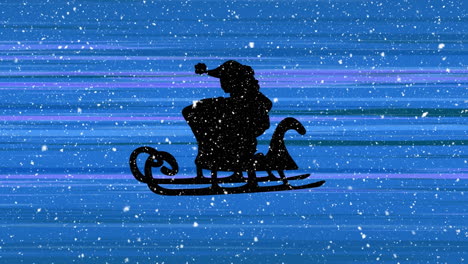 digital animation of snow falling over silhouette of santa claus in sleigh against light trails