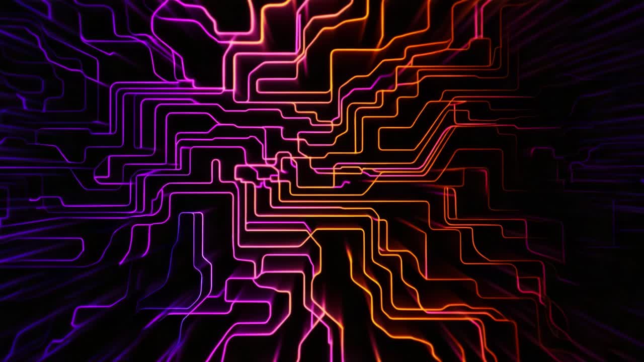 Vibrant Abstract Neon Circuitry: A Stunning Exploration of Dynamic Patterns and Color Combinations Captured in Two Frames Displaying Lines of Light on a Dark Background