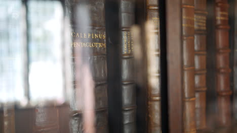 antique leather bound books in a glass cabinet in a medieval middle ages library