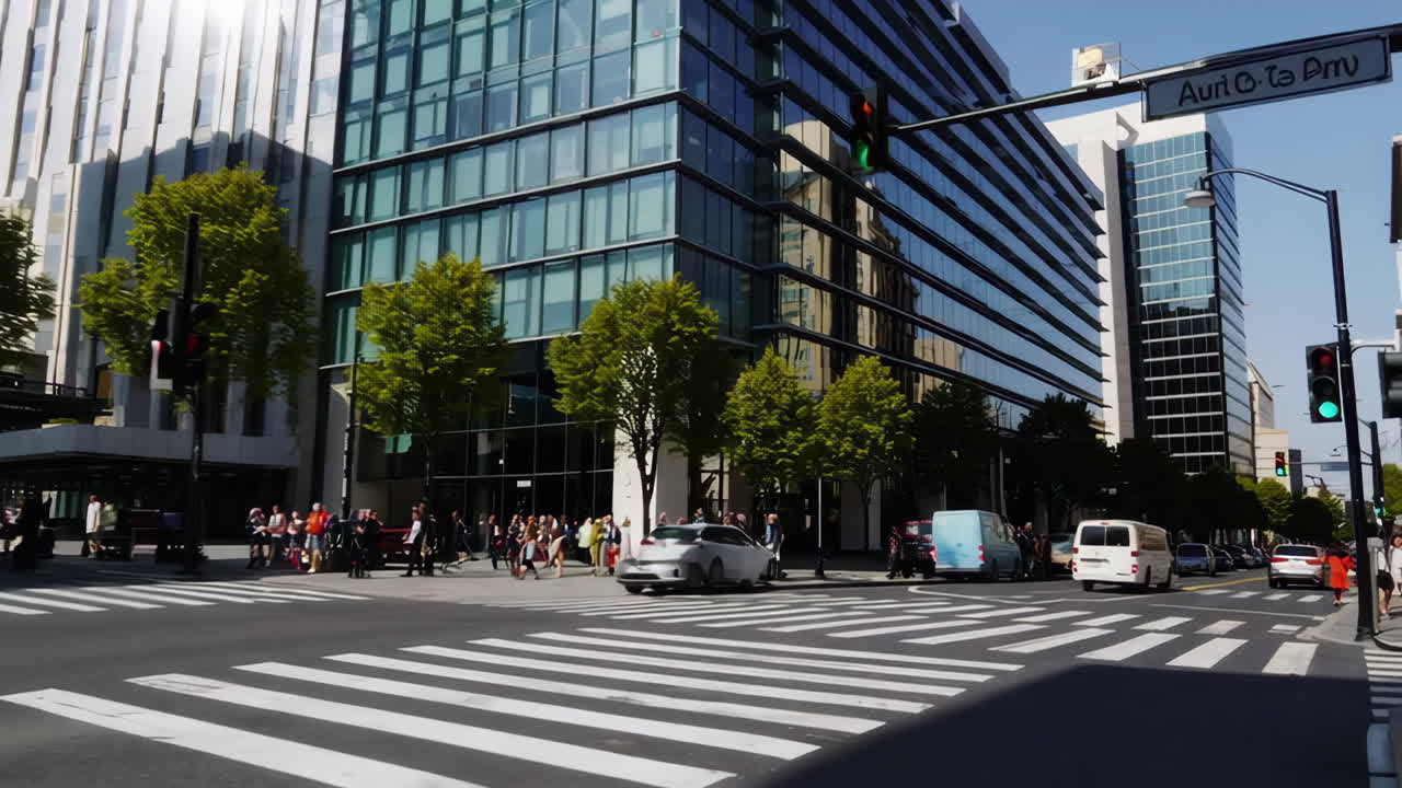 Bustling City Street with Modern Buildings, Traffic, and Pedestrians