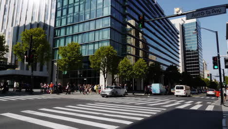 bustling city street with modern buildings, traffic, and pedestrians