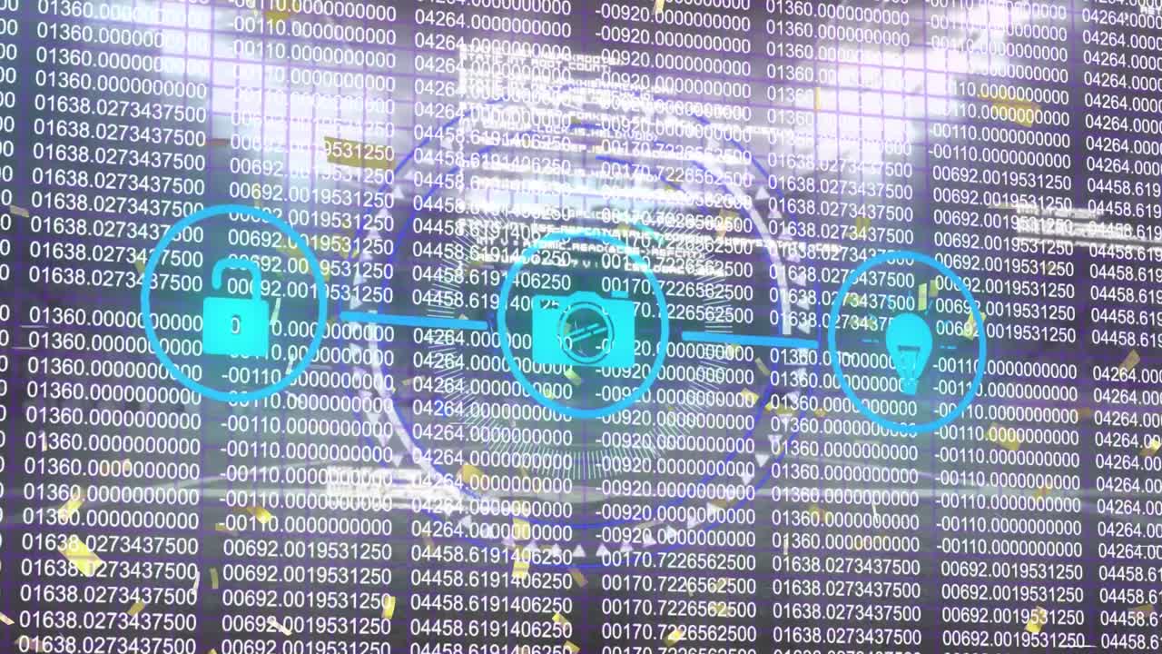 디지털 아이콘 네트워크, 둥근 스캐너 및 이진 코딩을 통해 떨어지는 황금 콘티의 애니메이션