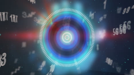 animación de escaneo de alcance circular azul con números caídos y luz roja en negro