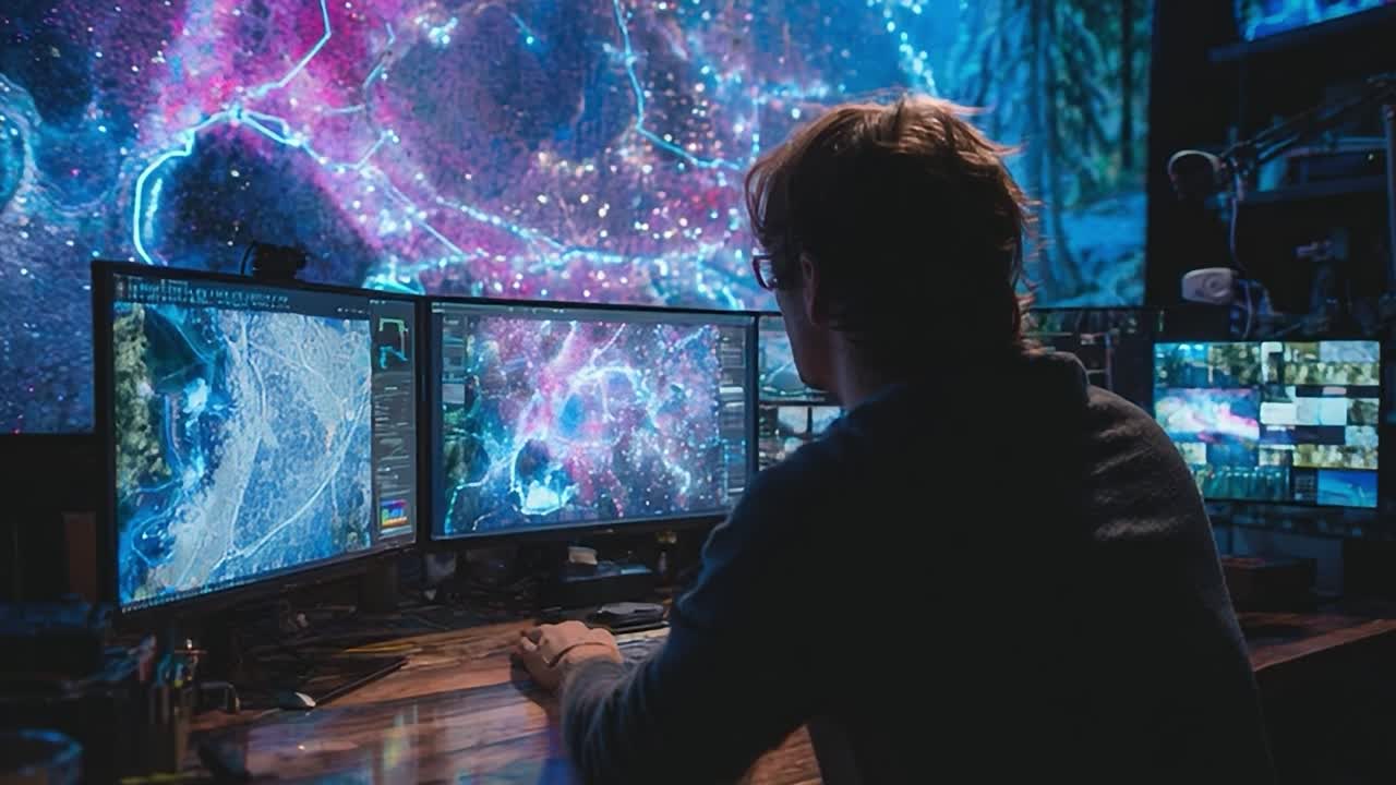 Person analyzing data on multiple computer screens in a dark room
