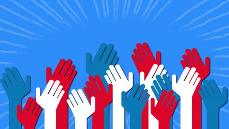 Animation-of-raising-hands-coloured-with-flag-of-usa-over-blue-background