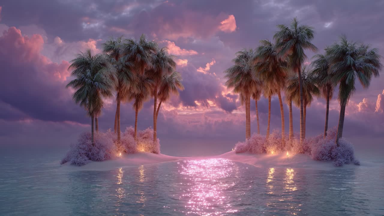 A Serene Tropic Oasis at Twilight, Showcasing Lush Palm Trees Surrounded by Reflective Waters and Enchanting Skies, Perfect for a Tranquil Escape to Nature's Beauty