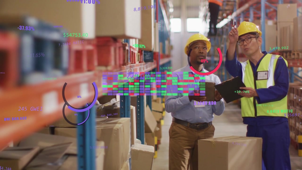 Two men tapping tablet in warehouse, starting AR overlays guiding stock picking and pointing racks