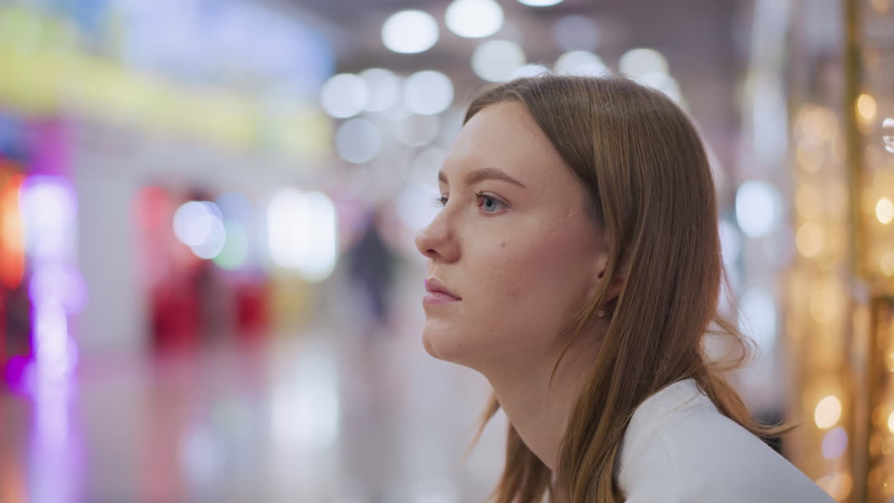 mujer pensativa mirando a su alrededor en un interior de centro comercial brillantemente iluminado con luces de colores borrosas en el fondo, evocando una sensación de contemplación y maravilla