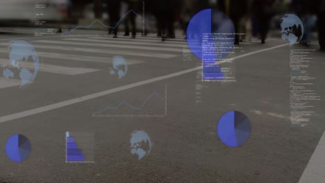 animation of data processing against low section of people crossing the street