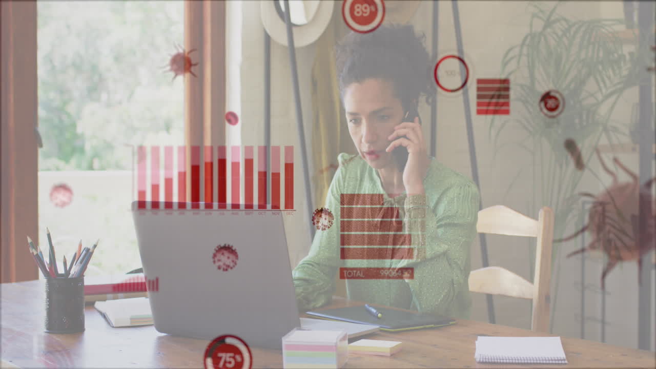 animación de virus y células sanguíneas, mujer biracial trabajando en portátil y hablando en teléfono celular