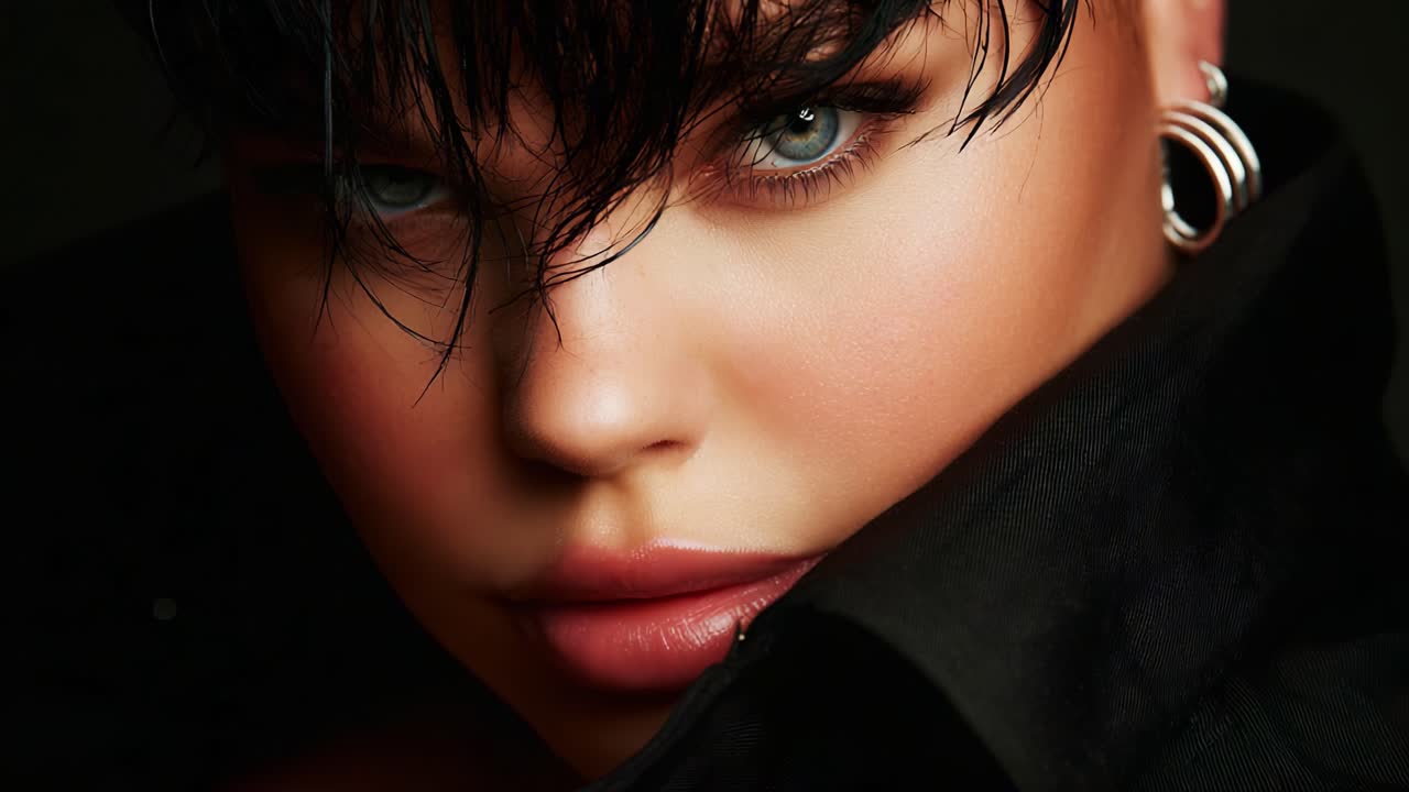 Captivating Portrait of a Model with Intense Gaze and Stunning Makeup, Focused on Expressive Features and Defined Contours in a Striking Aesthetic Setting