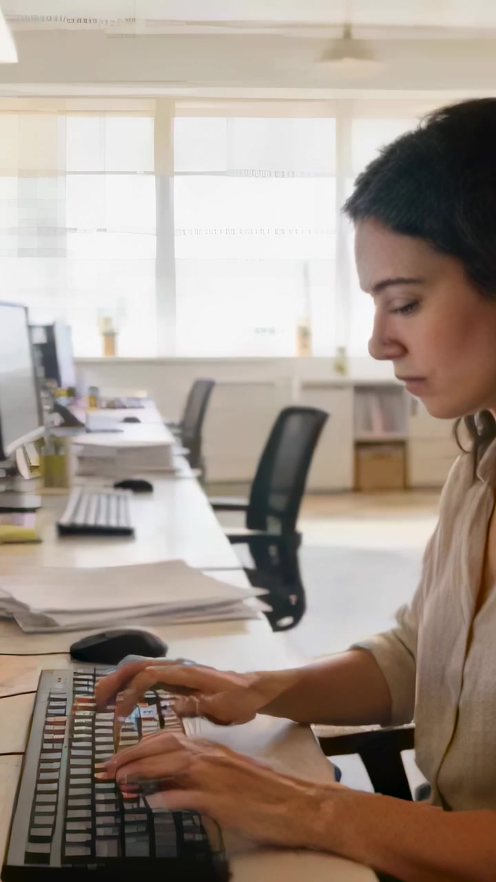 Vertikal video: Kvinne i lys bluse skriver og jobber på skjerm og tastatur på kontoret, med plass til tekst