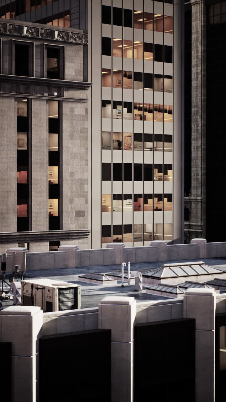 Los edificios de la ciudad revelan arquitectura moderna al anochecer y una vibrante vida de oficina.