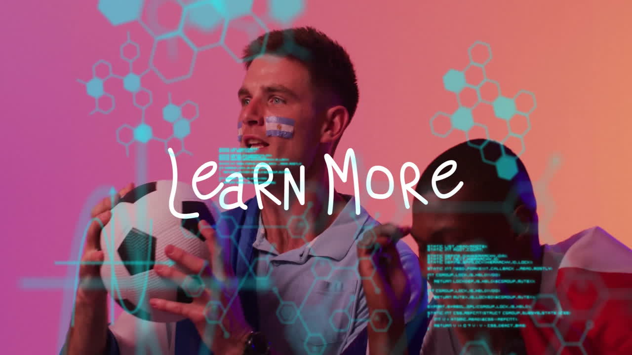 Watching animation, two people with digital graphics overlay and Learn More text