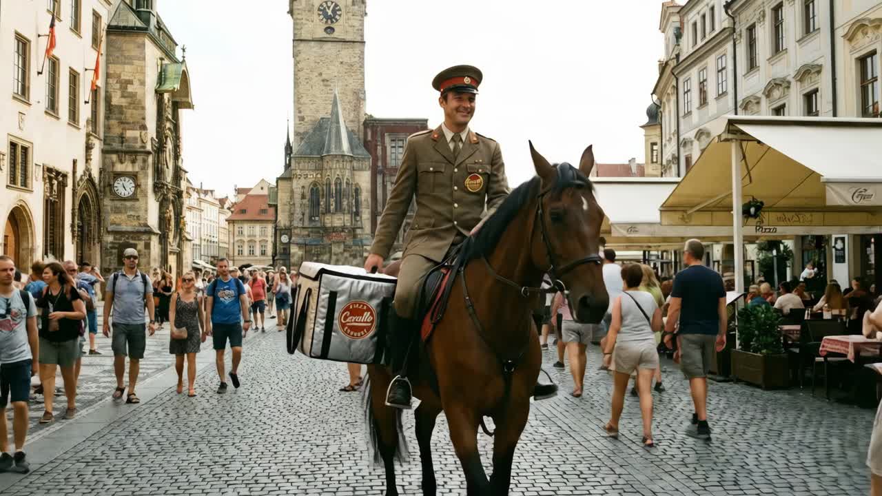 Fattorino di pizza a cavallo a Praga