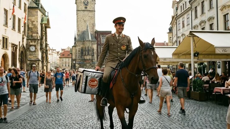 Fattorino di pizza a cavallo a Praga