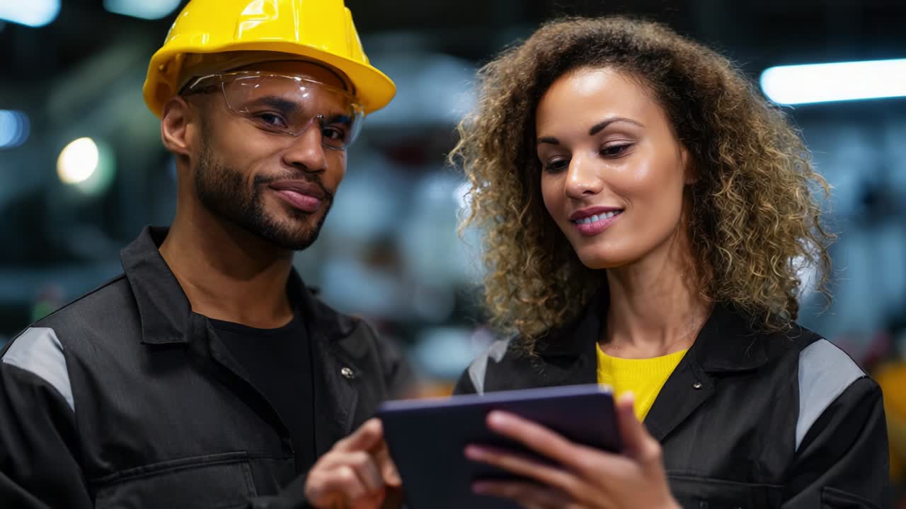 Two Construction Workers Collaborating on a Digital Device in a Busy Industrial Environment, Showcasing Teamwork, Technology, and Innovation in the Modern Workplace, with a Focus on Safety and Efficiency