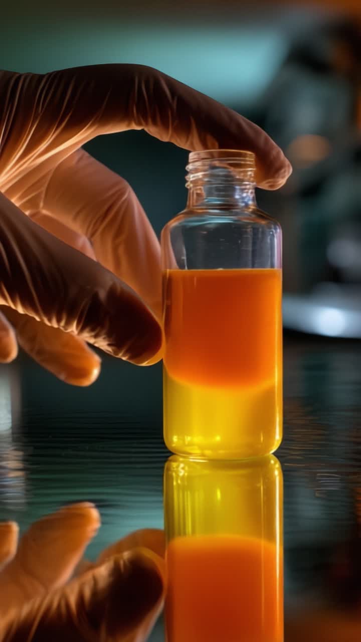 A laboratory scene showcasing a gloved hand holding a glass vial filled with a vibrant orange liquid, reflecting its brilliance on a smooth surface