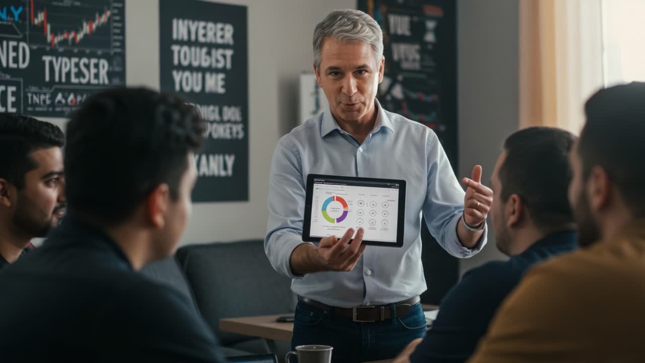 Presentación de Negocios Cautivadora: Un líder profesional muestra análisis de datos a un equipo atento en una moderna sala de reuniones.