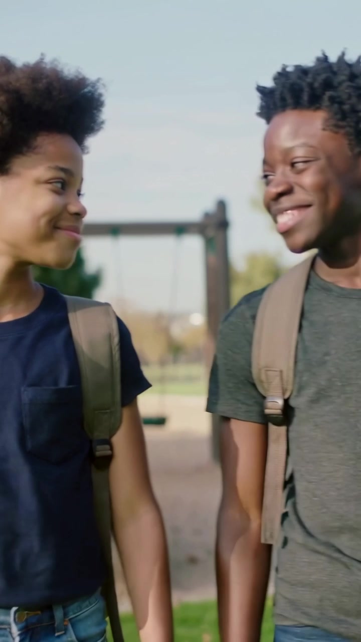 Vertical video: Camera rolling two teen boys glancing and smiling walking at park with backpacks