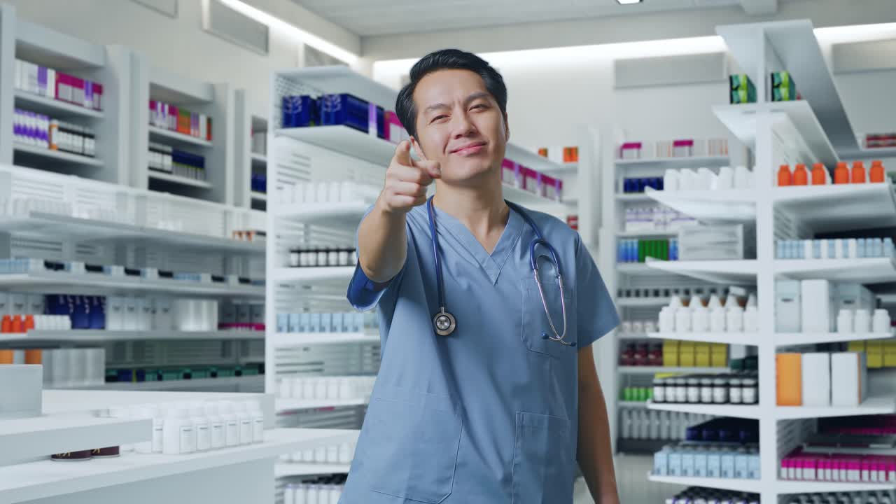 스테토스코프를 들고 있는 아시아 남성 의사 가 약국 에서 정직 한 몸짓 을 하고 미소 짓고 있다