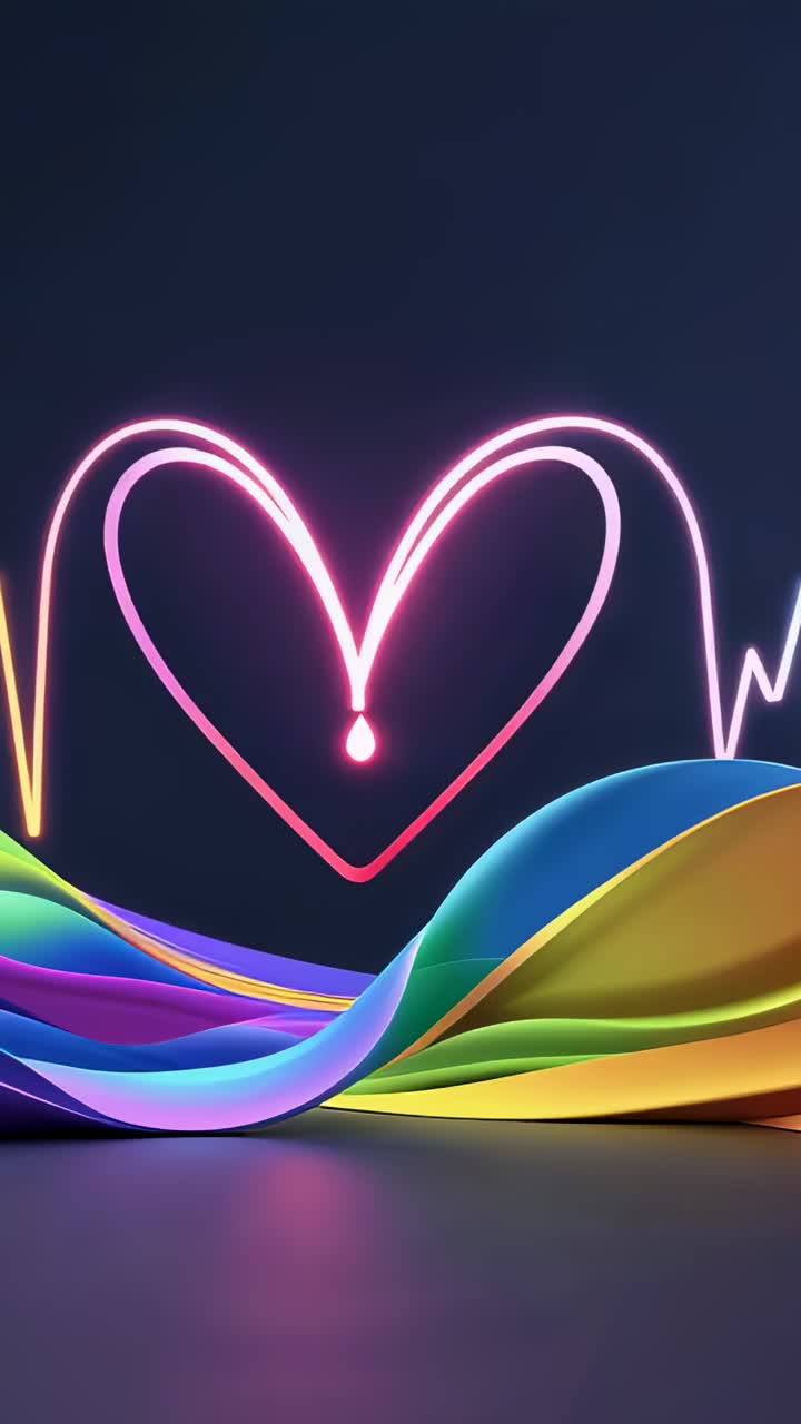 Vertical video: Starting neon ECG tracing waveform forming heart outline on screen, pulsing ribbons