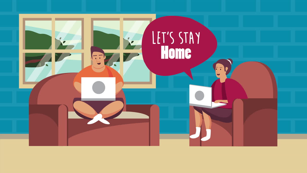 커플과 함께 거실에서 노트북을 사용하는 집에 머물기 캠페인