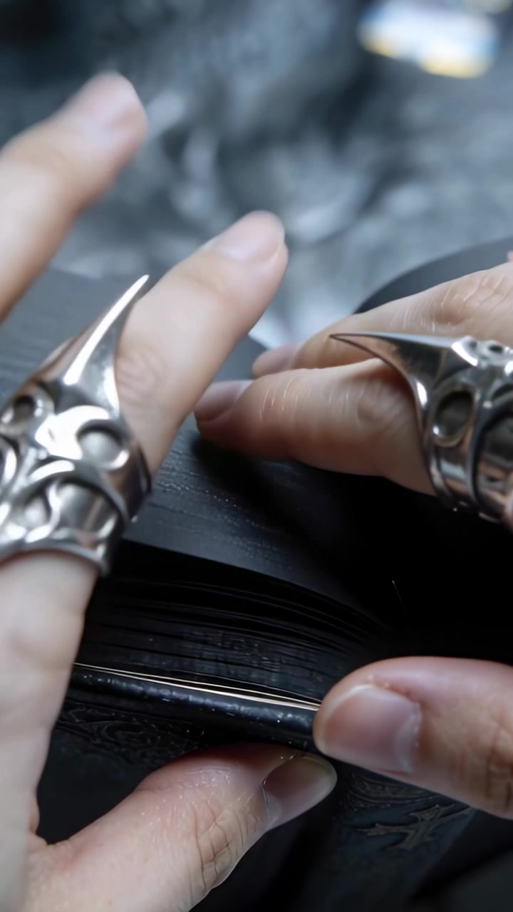 Vertical video: Right hand lifting, ringed hands in black turning book pages closeup showing cross