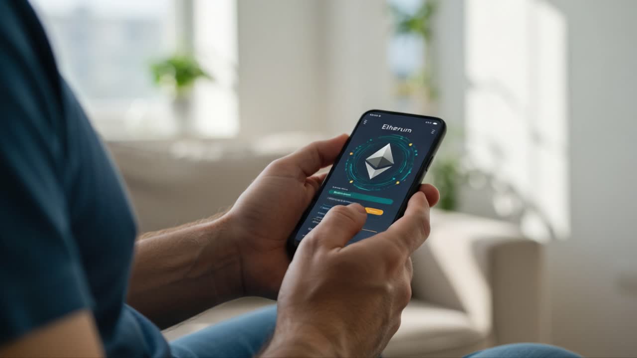 Exploring Digital Currency: A User Engaged with Ethereum on Mobile Device in a Brightly Lit Living Space