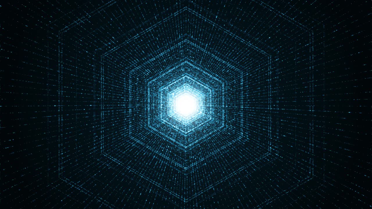 Motion graphic of Blue hexagon shape and light beam with digital line technology abstract background concept seamlesss loop video
