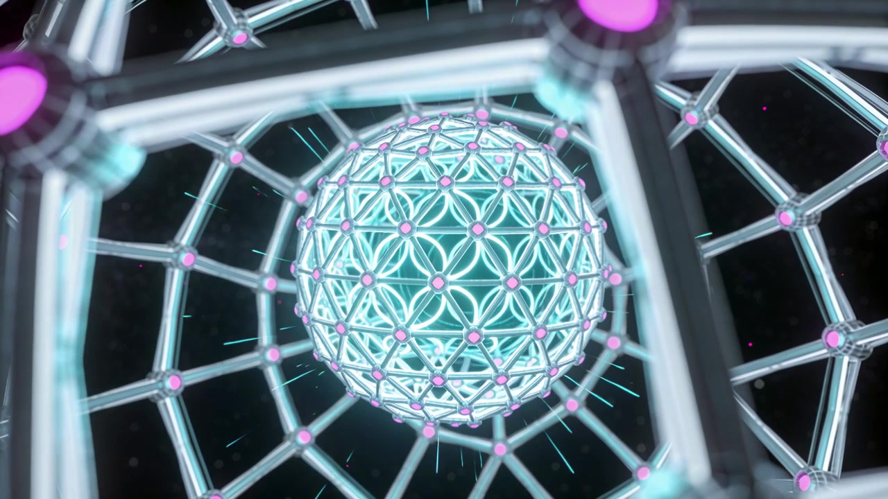 Telecamera che avanza ruotando, rivelando un reticolo e una sfera luminosa in un vuoto oscuro con nodi magenta.