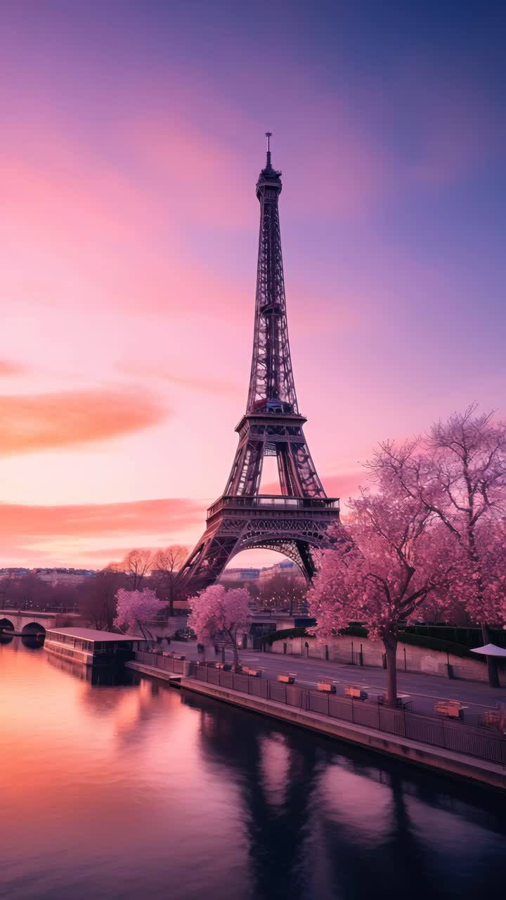 Una splendida inquadratura dal basso della Torre Eiffel al tramonto, incorniciata da fiori di ciliegio.