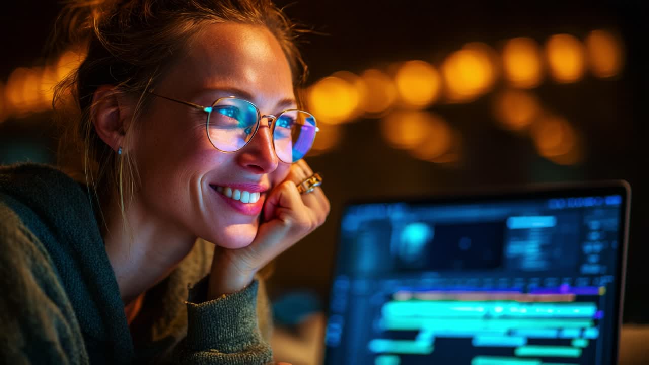 A joyful woman in glasses smiles at her laptop screen, immersed in her creative work at night, illuminated by warm lights that enhance her focused expression and inspiration