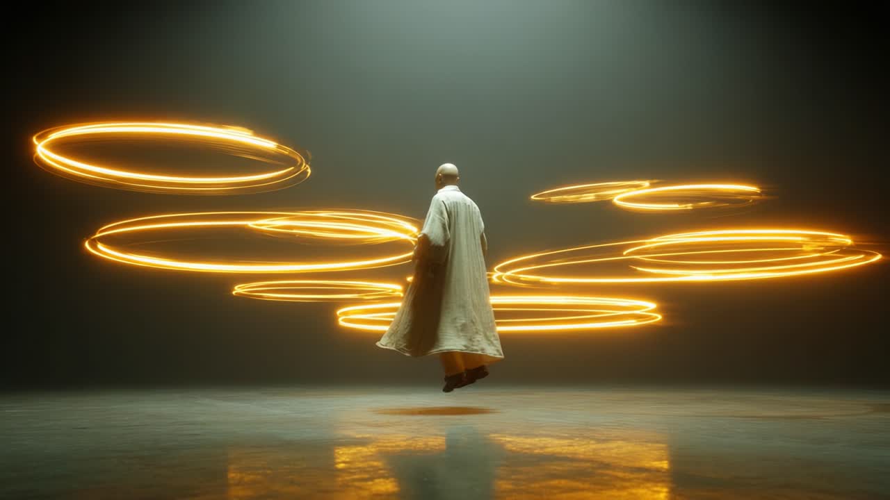 En spirituel figur omgivet af glødende ringe: En æterisk rejse af oplysning og refleksion i et fascinerende lysfyldt miljø