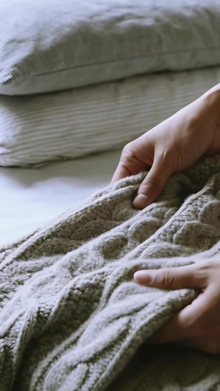 Video verticale: Afferrando il bordo inferiore, mani che sistemano una coperta a trecce in camera da letto, appiattendo il motivo
