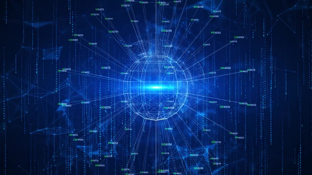 Blue digital globe network connecting binary streams data labels futuristic technology space ai