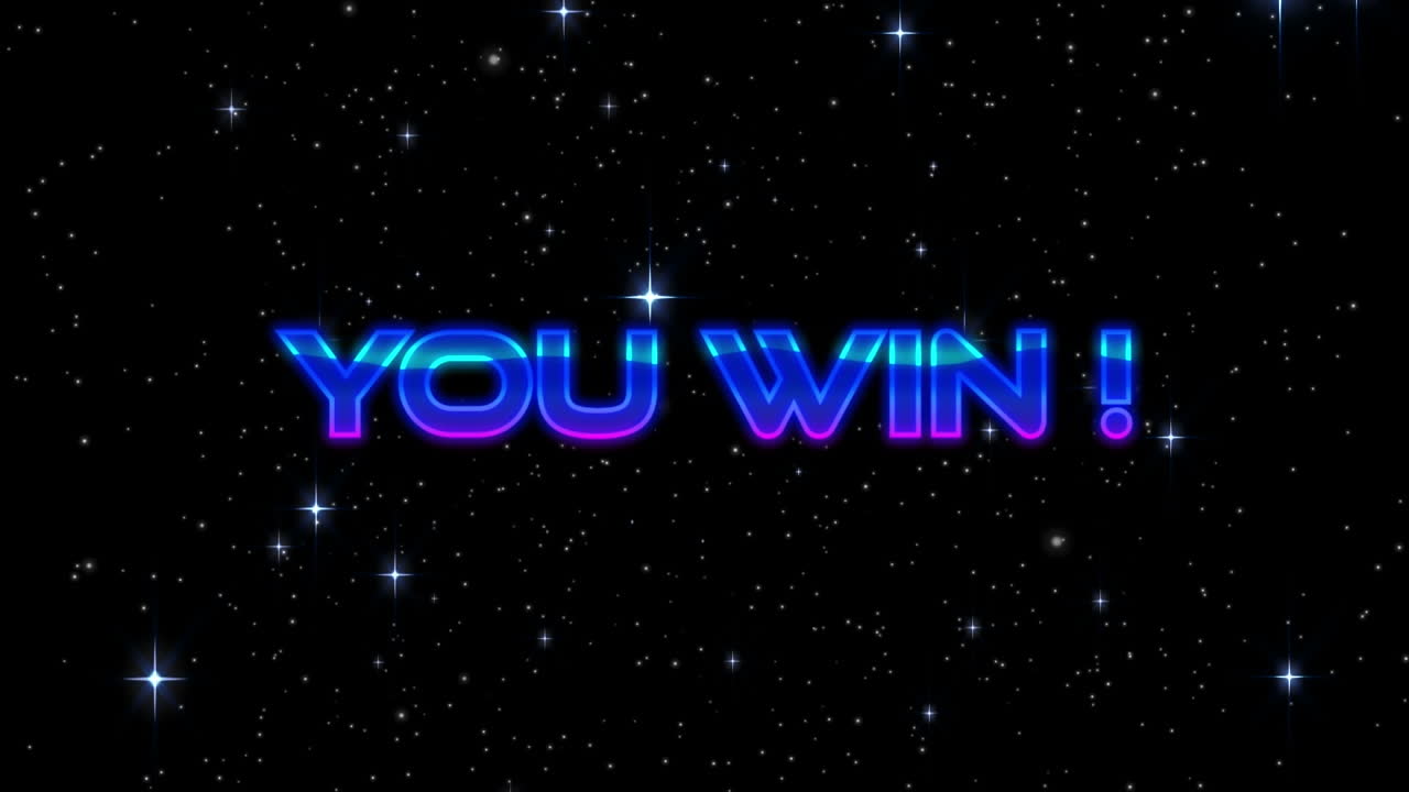 별과 빛의 반점 위에 파란색 금속 문자로 텍스트를 이기는 애니메이션