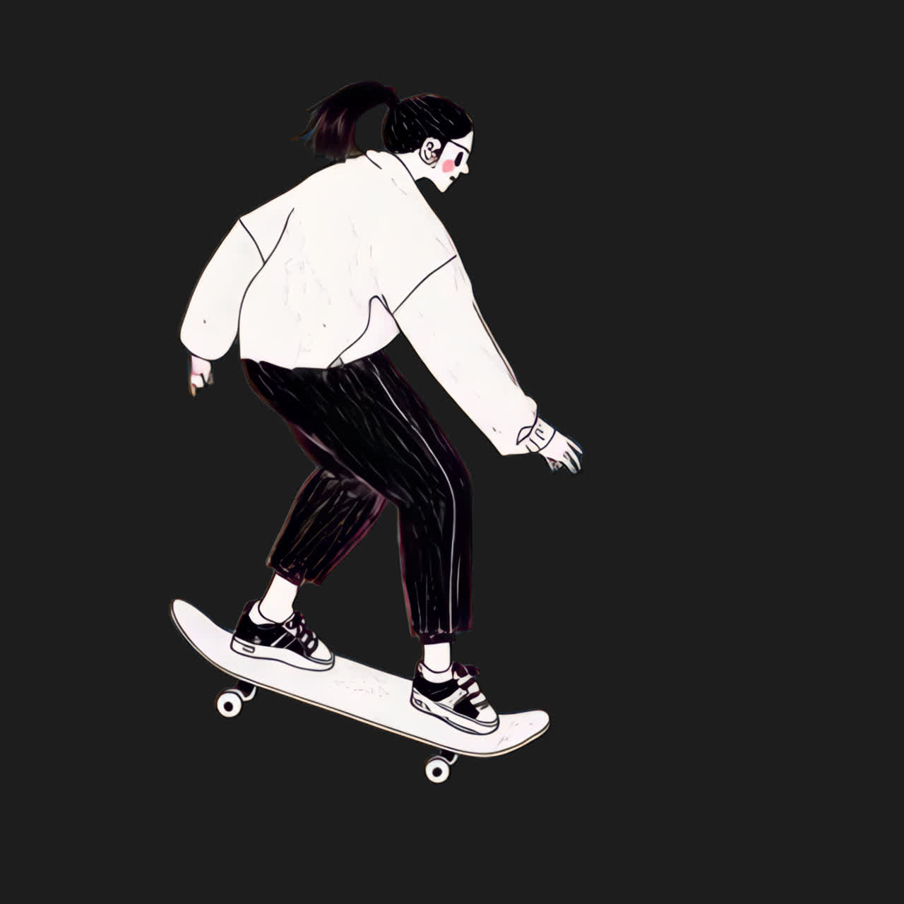 Line art woman on skateboard animation isolated asset, transparent 4K video, alpha channel, ProRes