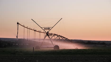 spraying irrigation pivot rolls slowly over golden evening field