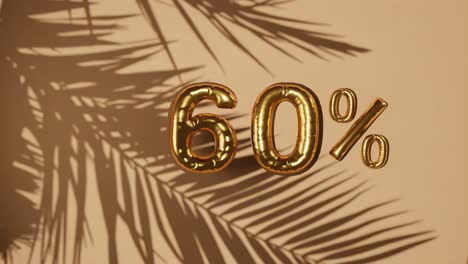 60% de descuento en fondo dorado con palma brisa suave, vacaciones de verano concepto de venta promocional de precio especial