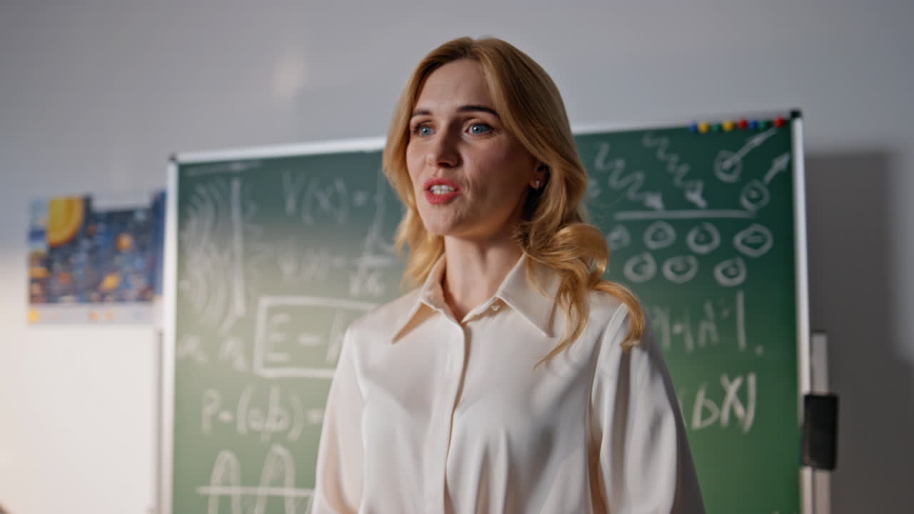 Insegnante sorridente che spiega matematica in piedi in classe, primo piano. Insegnante donna che parla