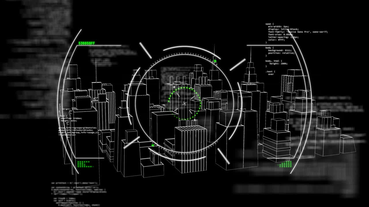 Animation of digital data processing over cityscape on black background