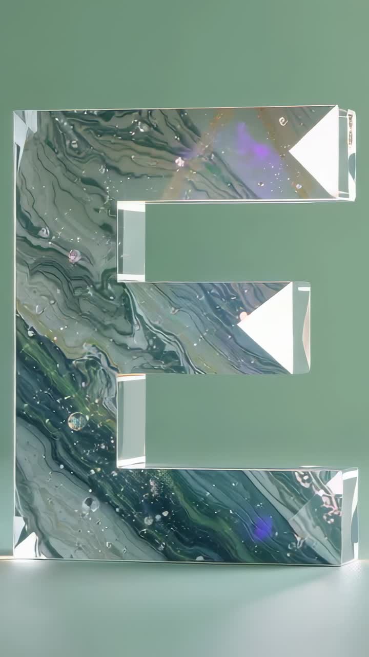 Vertical video: At start rotating 3D letter E with bubbles on platform, brightening marble pattern