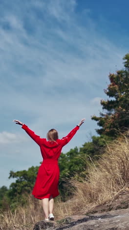backside view of young woman outdoors. happy woman in beautiful red dress walking among nature. lady enjoys summer landscape. vertical video