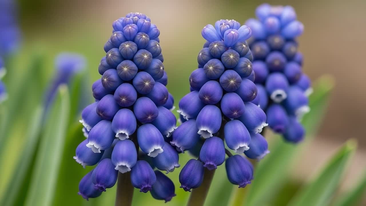 Close-Up of Stunning Purple Grapehyacinth Flowers in Bloom, Showcasing Their Unique Cone-Shaped Structure and Lush Green Foliage in a Natural Garden Setting